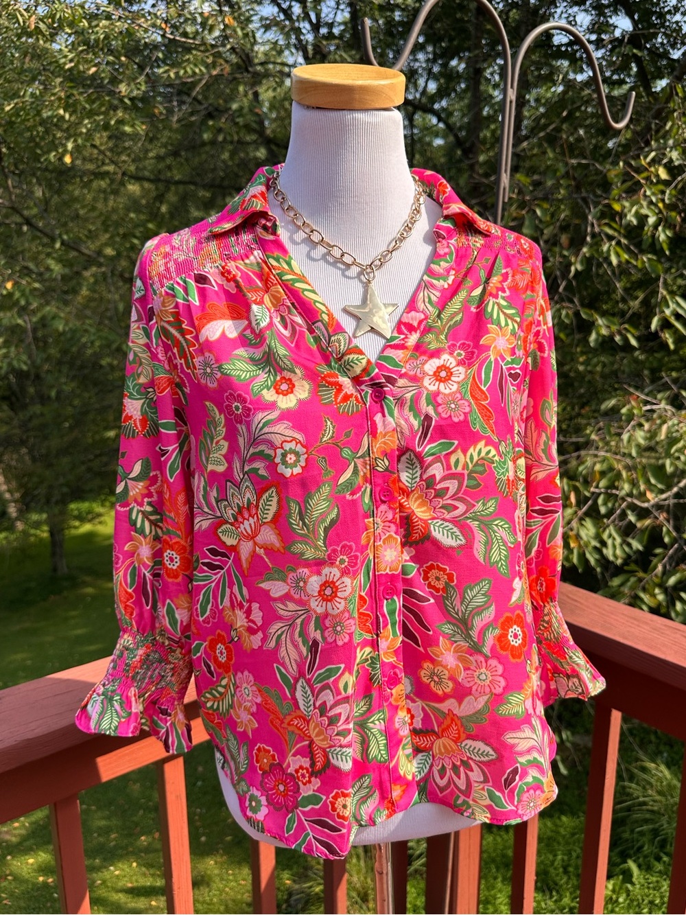 Fate Hot Pink Floral Button-Up Puff Sleeve Blouse